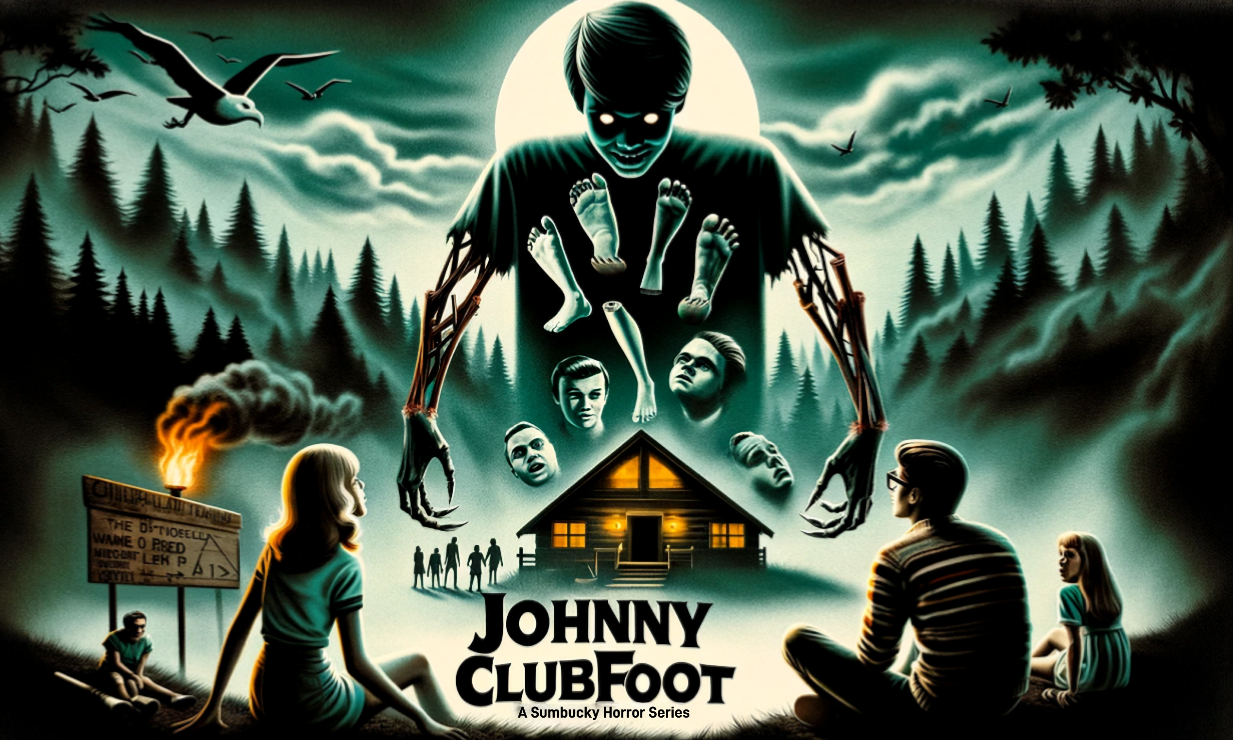 Johnny Clubfoot development poster featuring a moonlit summer camp and a looming supernatural figure